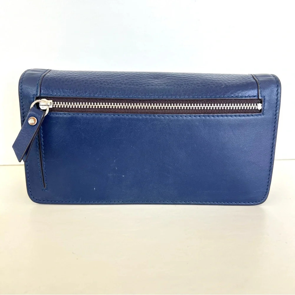 TOUS Navy Pebbled Genuine Leather Silver Bear Tous Logo Scarf and Flap Wallet